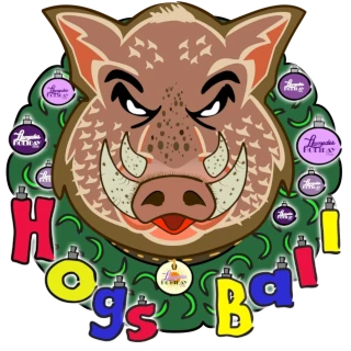 The Hogs Ball at Llamedos Holiday Camp Logo - featuring a boar in a festive wreath with the words Hogs Ball