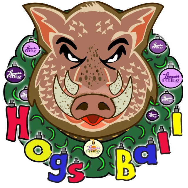 The Hogs Ball at Llamedos Holiday Camp Logo - featuring a cartoon hog in a festive wreath, with baubles and the words Hogs Ball in fairy lights.